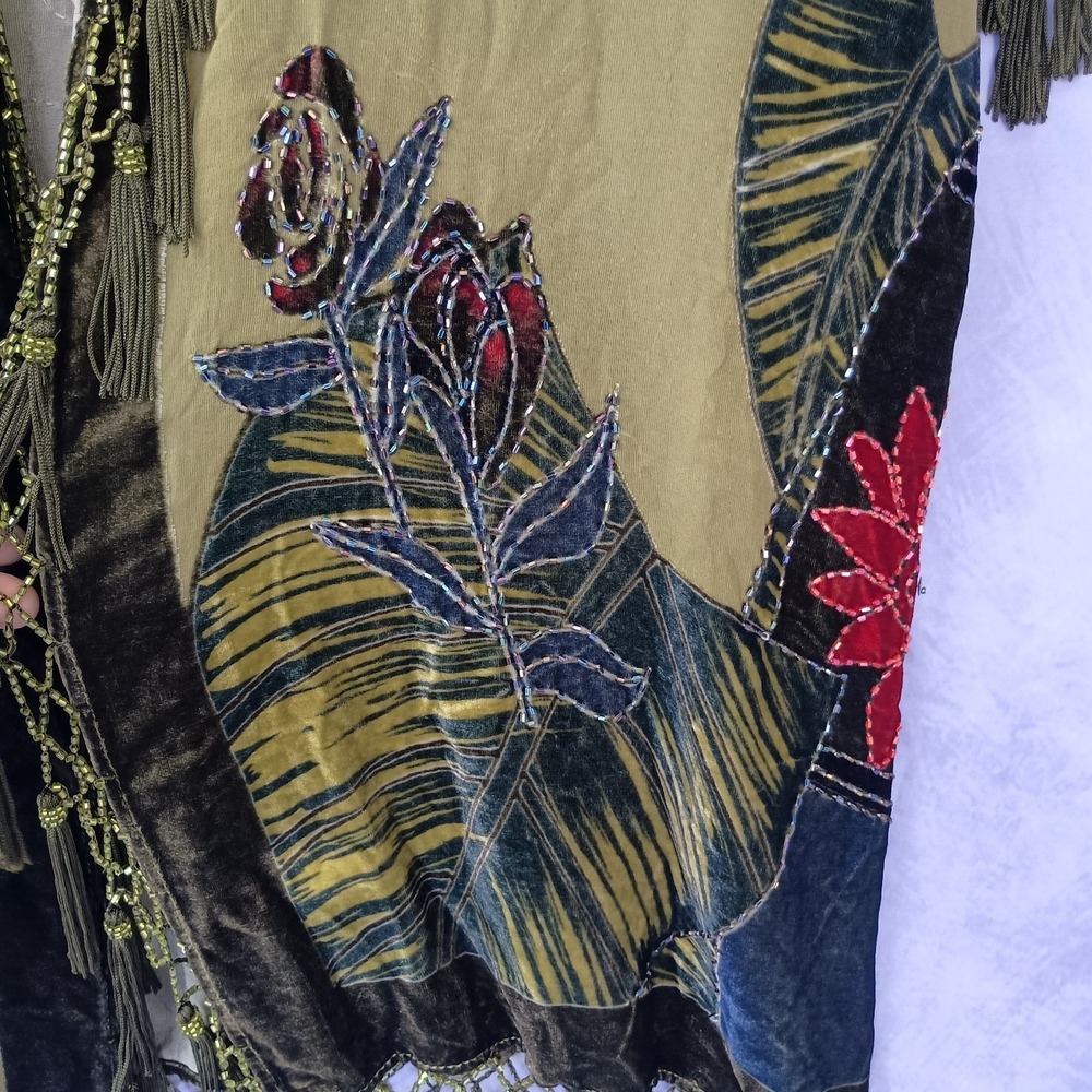 Chico's Vintage Olive Silk Velvet Burnout Tassel Beaded Kimono - Picture 6 of 11